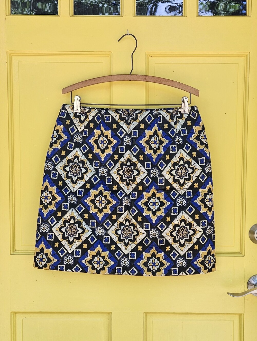 LOFT Blue Gold Metallic Brocade Mini Skirt Medallion Print NWT Size 10